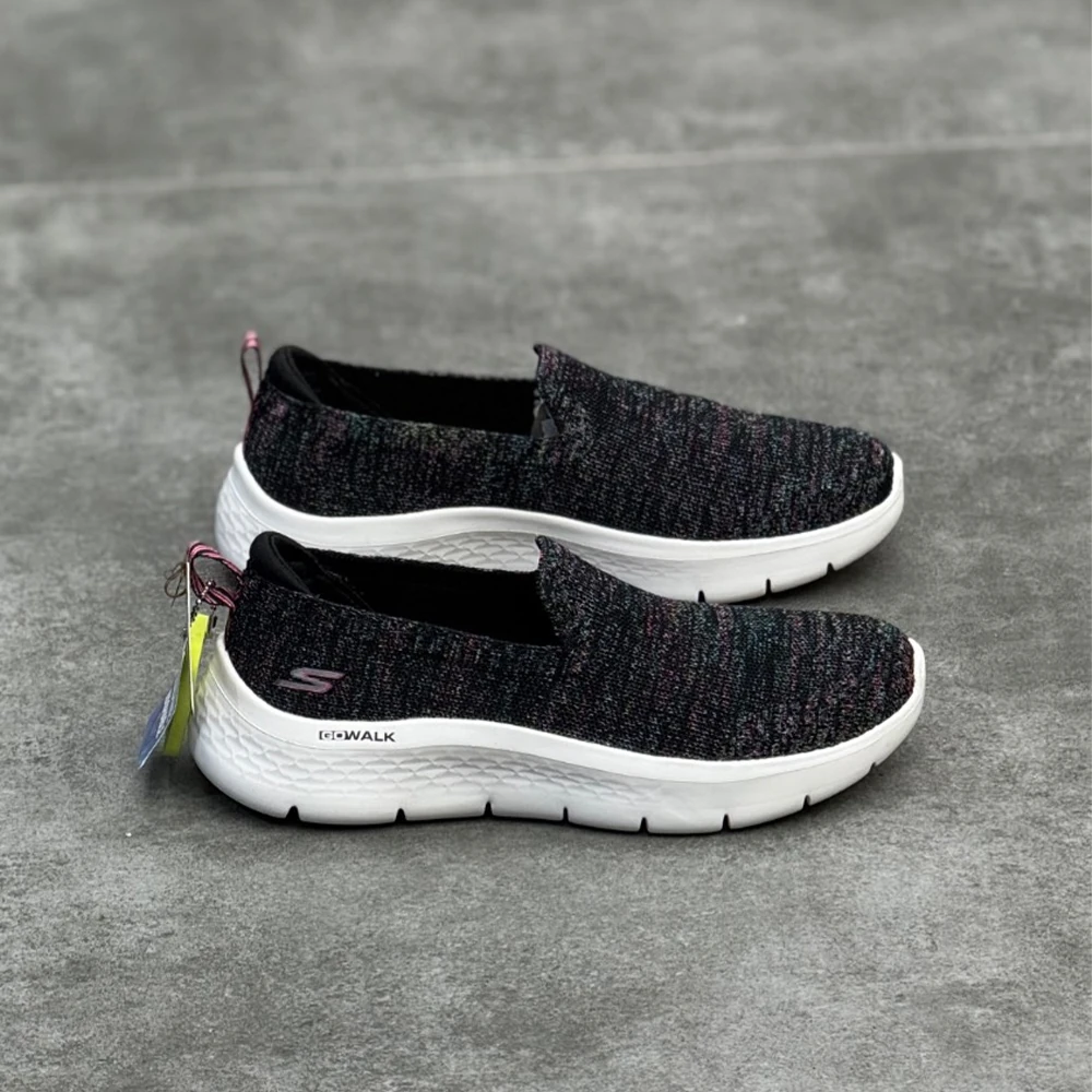 skechers-go-walk-black-phosphor-pink-color-37-white-sole-laceless-back-strap-pink-black (1) اسکیچرز گو واک مشکی صورتی فسفری رنگی 37 زیره سفید بدون بند پشت بند صورتی مشکی